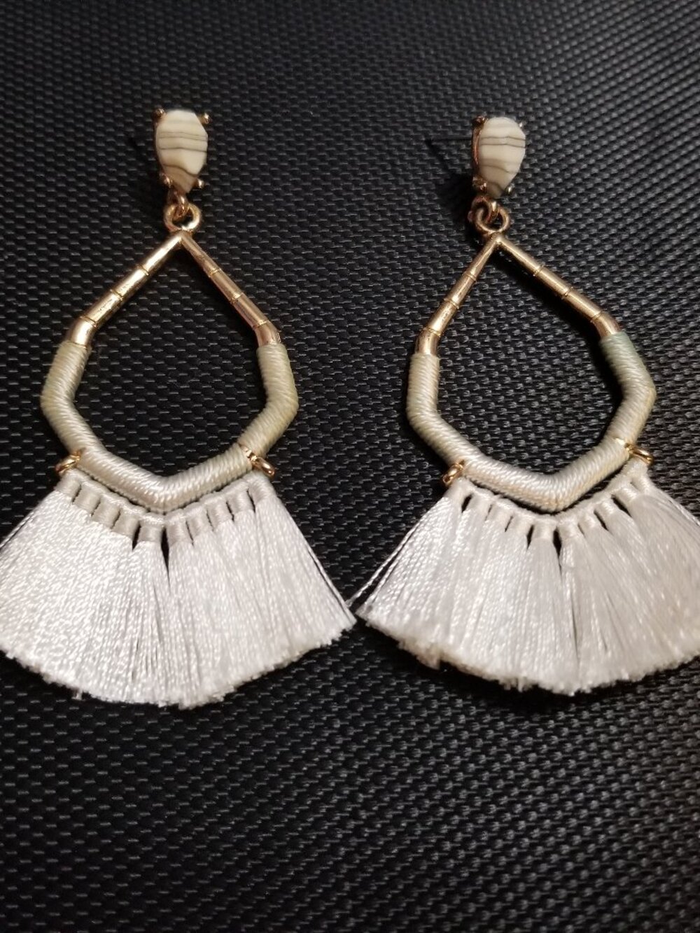 White Tassel Gold-Plated Octagon Earring Pair